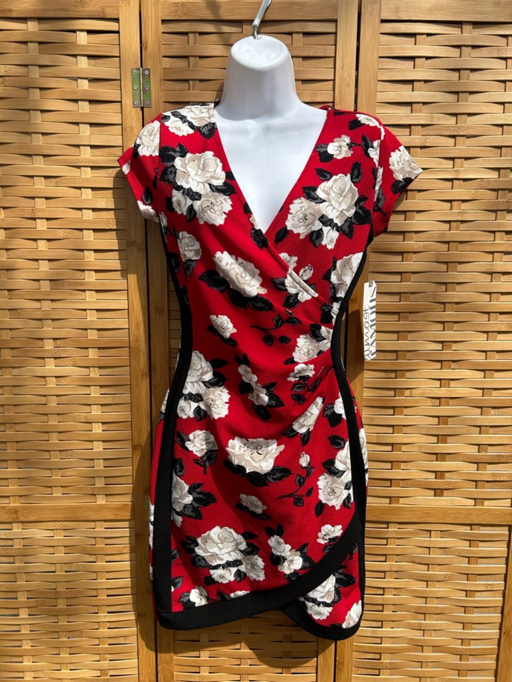 Almost Famous Red Floral Wrap-Style Mini Dress with Black Trim